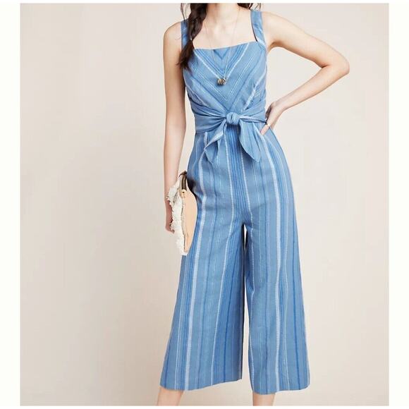 Anthropologie Pants - Anthropologie Womens Size 4 Blue Striped Laguna Jumpsuit Linen Classic Beach